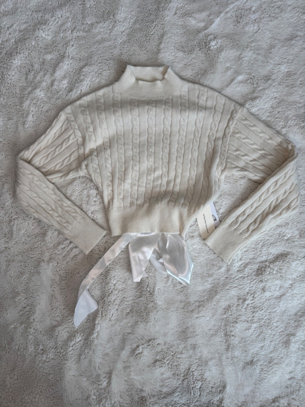 COMMENSE NWT Cable-Knit Open-Back Satin Bow Cropped Sweater Cream White L
